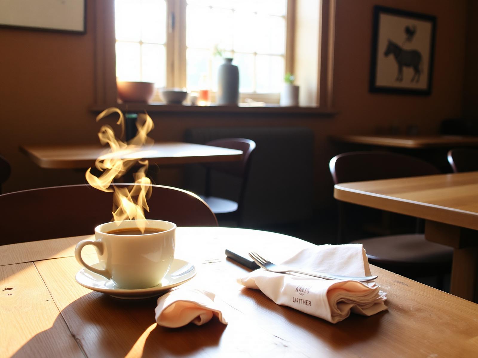 Dampende kop kaffe på et solbeskinnet træbord hos Farmors Kaffebar